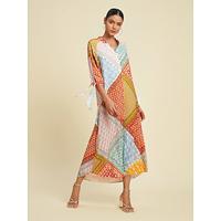 Kleurrijke zijden sjaal bedrukte maxi-jurk met strikmouwen