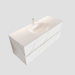 Badkamermeubel BWS Madrid Carrara Mat 120 cm Solid Surface Wastafel (1 kraangat, 2 lades)