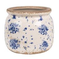 Clayre & Eef Bloempot Binnen Ø 16x13 cm Beige Blauw Keramiek Roosjes