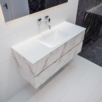 Mondiaz Vica Cloud badmeubel wit carrara mat 120 cm 2 lades solid surface enkele spoelbak midden zonder kraangat
