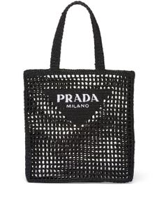 Prada sac cabas en raphia à logo brodé - Noir