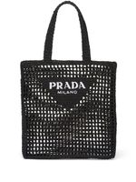 Prada sac cabas en raphia à logo brodé - Noir - thumbnail