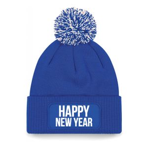 Happy New Year muts met pompon unisex - one size - blauw