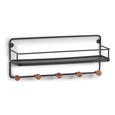 Zeller keuken/badkamer wandrek met kapstokhaken - zwart - metaal/hout - 45 x 11,8 x 18 cm