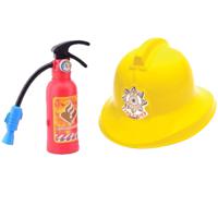 Carnaval verkleed brandweer helm - geel - en speelgoed brandblusser - kan water spuiten - thumbnail