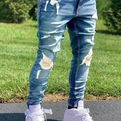 Men's Blue Distressed Skinny Fit Jeans - Ripped Denim Pants 28