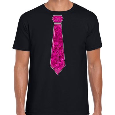 Verkleed t-shirt voor heren - stropdas roze - pailletten - zwart - carnaval - foute party
