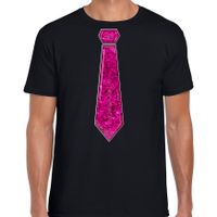 Verkleed t-shirt voor heren - stropdas roze - pailletten - zwart - carnaval - foute party Verkleed t-shirt voor heren - stropdas roze - pailletten - zwart - carnaval - foute party