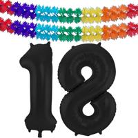 Folat folie ballonnen - Leeftijd cijfer 18 - zwart - 86 cm - en 2x slingers