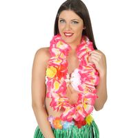 Hawaii krans/slinger - Tropische kleuren roze - Grote bloemen hals slingers - verkleed accessoires - thumbnail