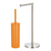 Badkamer accessoires set - WC-borstel/toilet rollen houder - metaal/porselein - oranje