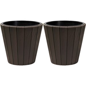 Plantenpot/bloempot Wood Style - 2x - buiten/binnen - kunststof - donkerbruin - D30 x H28 cm