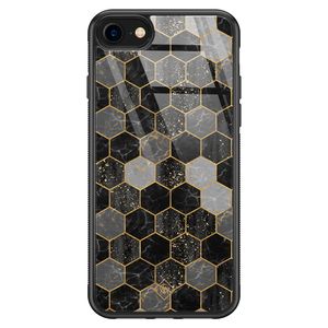 iPhone SE 2020 glazen hardcase - Hexagons zwart