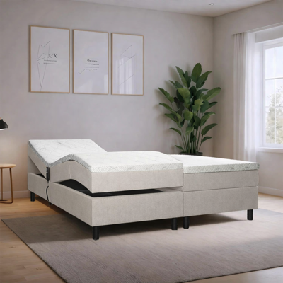 OP=OP Elektrische boxspring 160 x 200 Naturel Beige | Incl. 2x Medium Pocketvering 1000 veren m2 - Zonder hoofdbord