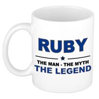 Ruby cadeau mok - man myth legend - naam koffiemok / beker - wit en blauw - 300 ml