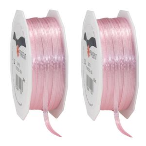 2x Luxe roze satijnen lint rollen 0,3 cm x 50 meter cadeaulint verpakkingsmateriaal - Cadeaulinten