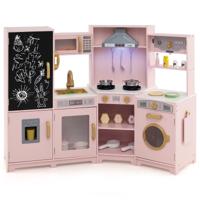 Houten Kinderkeuken met Licht en Geluid Hoek Speelkeuken met Krijtbord Magnetron en Gootsteen Houten Keuken in Roze