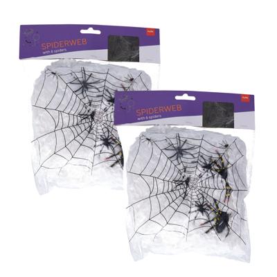 Decoratie spinnenweb met spinnen - 2x - zakje van 100 gram - Halloween - versiering - 20 x 22 cm