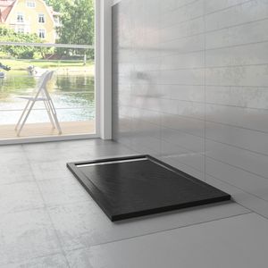 Douchebak Mat Zwart Natuursteen Look Daisy Rechthoek 100X90 Polystone (Exclusief Sifon)