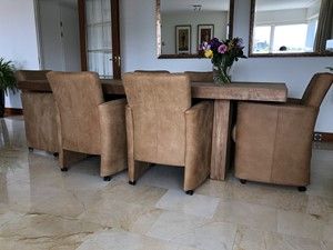 Set van 6 leren eetkamerfauteuils - met armleuning en wieltjes - bruin leer - Echt leer, Modern, ontdek de vele Leersoorten en Kleuren bij ShopX
