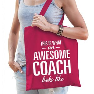 Katoenen cadeau tasje awesome coach fuchsia roze   -