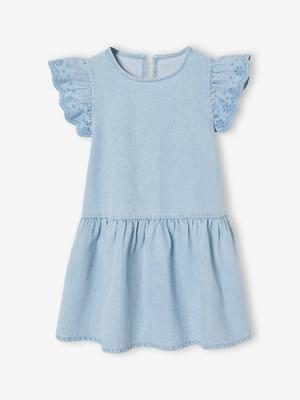 Denim jurk voor meisjes met korte geborduurde mouwen double stone