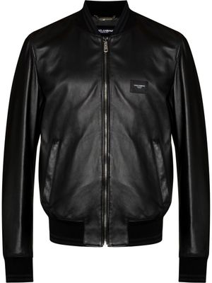 Dolce & Gabbana veste bomber en cuir à plaque logo - Noir