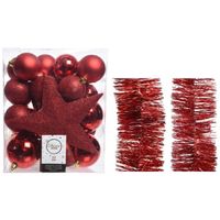 Kerstversiering kerstballen 5-6-8 cm met ster piek en folieslingers pakket rood van 35x stuks