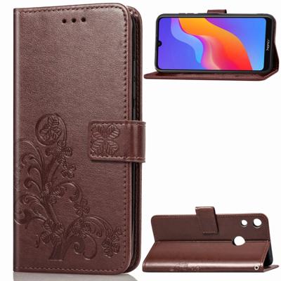 Lucky Clover ingedrukt bloemen patroon lederen case voor Huawei Honor 8A met houder & kaartsleuven & portemonnee & hand strap (bruin)