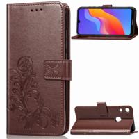 Lucky Clover ingedrukt bloemen patroon lederen case voor Huawei Honor 8A met houder & kaartsleuven & portemonnee & hand strap (bruin)