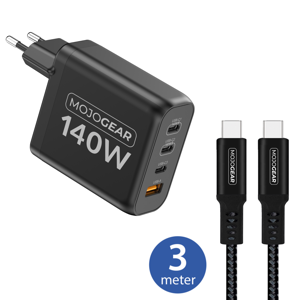 MOJOGEAR CHARGE+ 140 Watt oplader met USB-C naar USB-C kabel 3 meter | Geschikt voor Samsung/iPhone 15/16