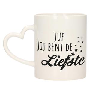 Bellatio Decorations Cadeau koffie/thee mok voor juf - zwart - hartjes oor - keramiek - juffen dag   -