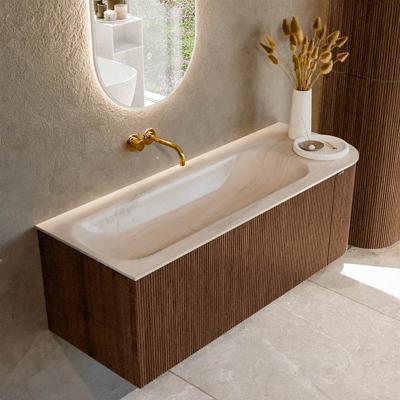 Badmeubel Mondiaz Kurve-Dlux | 125 cm | Meubelkleur Walnut | Wastafelkleur Meli | Solid surface | Wasbak linker zijde spoelbak | Zonder kraangat(en)