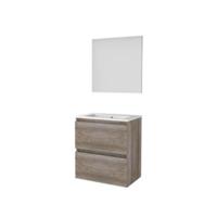 Basic-Line Basic 39 Badkamermeubelset - Ondiep - 60 x 39 cm - Greeploos - 2 Lades - Keramische Wastafel - 1 Kraangat - Spiegel - Scotch Oak
