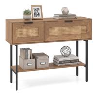 Smalle Wandkasttafel Houten Haltafel met 2 Vakken en Open Legplanken Draagvermogen tot 90 kg Haltafel in Bohemienstijl-Naturel