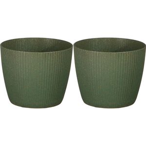 2x stuks plantenpot/bloempot kunststof donkergroen ribbels patroon - D14/H14 cm