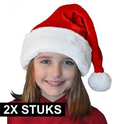 Kerstmuts - 2x - voor kinderen - rood - polyester - kerstaccessoires
