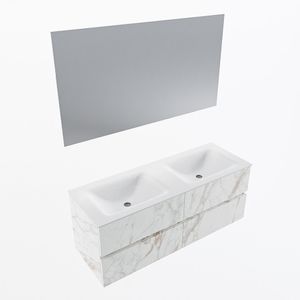 MONDIAZ VICA 130cm badmeubel onderkast Carrara 4 lades. Wastafel CLOUD dubbel zonder kraangat, kleur Talc met spiegel LED.