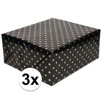3x Cadeaupapier holografisch zwart met zilveren sterretjes print 150 cm per rol   -
