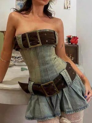 Vintage Bandeau Slim Denim Dress With Belt Vintage Bandeau Slim Denim Dress With Belt