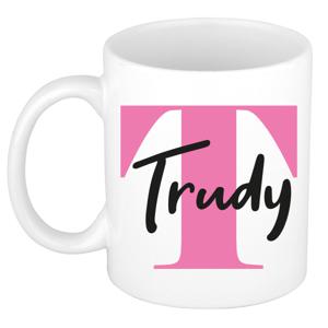 Naam mok Trudy - roze - wit - keramiek - 300 ml - verjaardag/cadeau beker