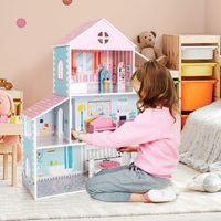 Poppenhuis van Hout Speelset met Meubels en Accessoires Poppenvilla Poppenhuis voor kinderen vanaf 2 Jaar 71 x 23,5 x 87 cm - thumbnail