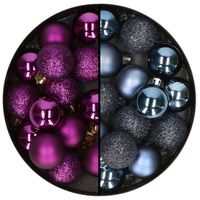 Kleine kerstballen - 28x st - donkerblauw en paars - 3 cm - kunststof - thumbnail