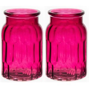 Bellatio Design Bloemenvaas klein - 2x - fuchsia roze - glas - D10 x H16 cm - Vazen