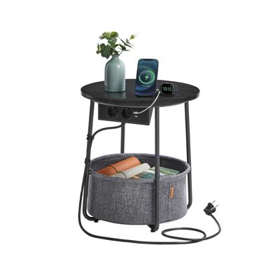 Ronde bijzettafel met oplaadfunctie en opbergmand, ebbenzwart-leigrijs