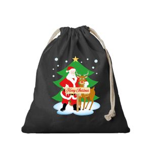 1x Kerst cadeauzak zwart Santa en Rudolf met koord voor als cadeauverpakking   -