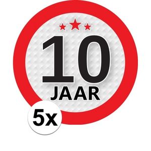 5x 10 Jaar leeftijd stickers rond 9 cm verjaardag versiering   -