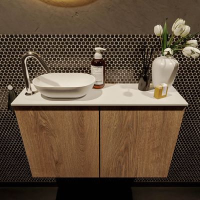 Mondiaz Fowy toiletmeubel 80cm washed oak met blad en waskom talc links 1 kraangat