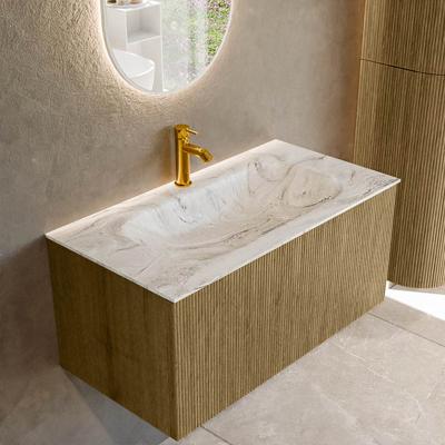 Badmeubel Mondiaz Kurve-Dlux | 90 cm cm | Meubelkleur Dusk | Wastafelkleur Glace | Solid surface | Wasbak midden spoelbak | 1 kraangat