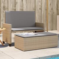 Tuinbank met kussens en voetenbank poly rattan beige - thumbnail